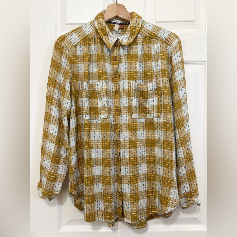 Pilcro Shirt Womens Medium Yellow White Plaid Long Sleeve Relaxed Casual Adult